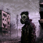 Post-apocalyptic cityscape with person in gas mask