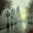 Misty cobblestone path to gothic castle with figures and lampposts