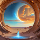 Unique desert landscape with circular ornate portal, fountain, and crescent planet.