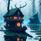 Eerie swamp scene with rustic huts, warm glows, dead trees, mist, twilight sky