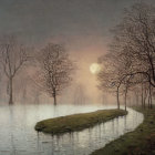 Figure by Lake at Dusk Surrounded by Trees