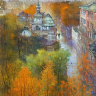 Autumn scene with vibrant foliage along misty waterway and European-style buildings