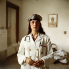 Woman in white military uniform with red trim and medals in hospital room portrait.