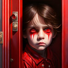 Intense gaze of child with red eyes behind locker door