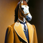 Surreal painting: horse with human body in yellow suit