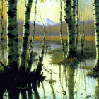 Birch forest reflected in calm water under soft golden light