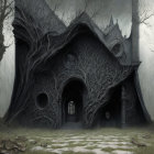 Gothic mansion surrounded by twisted trees under gloomy sky