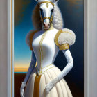 Elegant anthropomorphic horse in white and gold attire at dusk