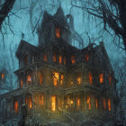 Eerie Victorian-style house in spooky setting