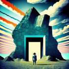 Surreal scene: person at giant rock door under stylized sky