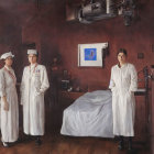 Eerie hospital room with figures in white robes and skulls floating.