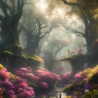 Tranquil pond in surreal forest with golden light & purple flora