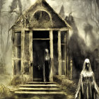 Gothic scene with shrouded figures outside eerie, dilapidated house