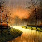 Tranquil riverbank with lamp-lit pathway and glowing sky