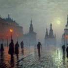 People walking on wet cobblestone street at dusk with baroque buildings and glowing street lights