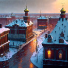 Twilight winter scene: Red buildings, golden domes, snow, cobblestone street