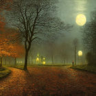 Moonlit night illuminates village pathway with autumn trees and cozy cottages