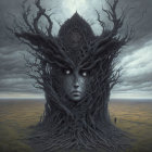 Surreal artwork: Woman's face merged with tree, stormy sky, intricate textures