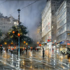 Rainy urban twilight scene: vintage car, glistening streets, street lamps, illuminated buildings