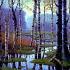 Tranquil birch forest with reflective water surface & autumnal colors