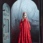 Young girl in red dress by misty door and tree-lined path with houses.