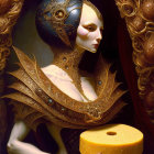 Golden humanoid robot with cheese in ornate setting