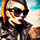 Vibrant red-haired woman in sunglasses and leather jacket against mountain backdrop