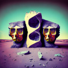 Stylized skull rocks with sunglasses in surreal desert landscape