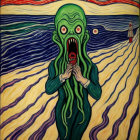 Stylized rendition of "The Scream" with green tentacled creature in swirling background