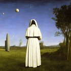 Surreal image of a nun in a field with rocket and multiple moons