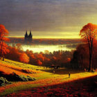 Fantasy sunset landscape with castle, autumn trees, and mist