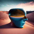 Surreal head-shaped structure with forest in desert twilight