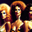 Three women with retro hairstyles and glamorous makeup in sparkly outfits on dark background