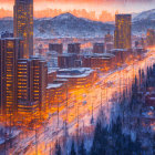 Snowy cityscape at twilight with illuminated buildings and mountains