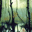 Tranquil water reflects misty forest with leafless trees