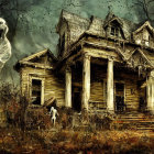 Spooky abandoned house with ghostly figure and skull