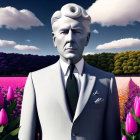 Colorful 3D man with rose head in suit among tulip fields