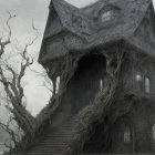 Spooky dilapidated house with twisting vines under gloomy sky