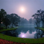 Tranquil Misty Lakescape at Dawn with Autumn Leaves