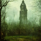 Misty forest scene with ornate tower and Victorian urns