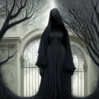 Cloaked figure in misty gothic forest near ornate gate