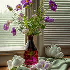 Purple Flowers and Greenery in Pink Vase by Window with Striped Shadows