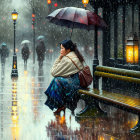 Person sitting on wet bench with umbrella in rain under street lamps
