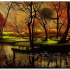 Autumnal Twilight Scene: Illuminated Cottage by Pond & Serene Garden