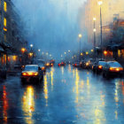 Snowy evening cityscape with glowing street lamps and vehicles on wet roads