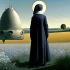 Nun and spacecraft in flower field with rural setting