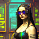 Futuristic woman with cybernetic enhancements and sunglasses in neon-lit setting