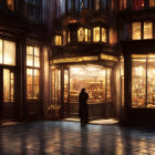 Person standing outside warmly lit corner bookstore at dusk