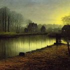 Tranquil village at twilight by calm lake with cozy cottages and flying birds