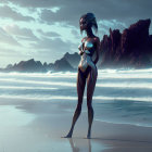 Blue-armored humanoid alien on rocky beach under hazy sky